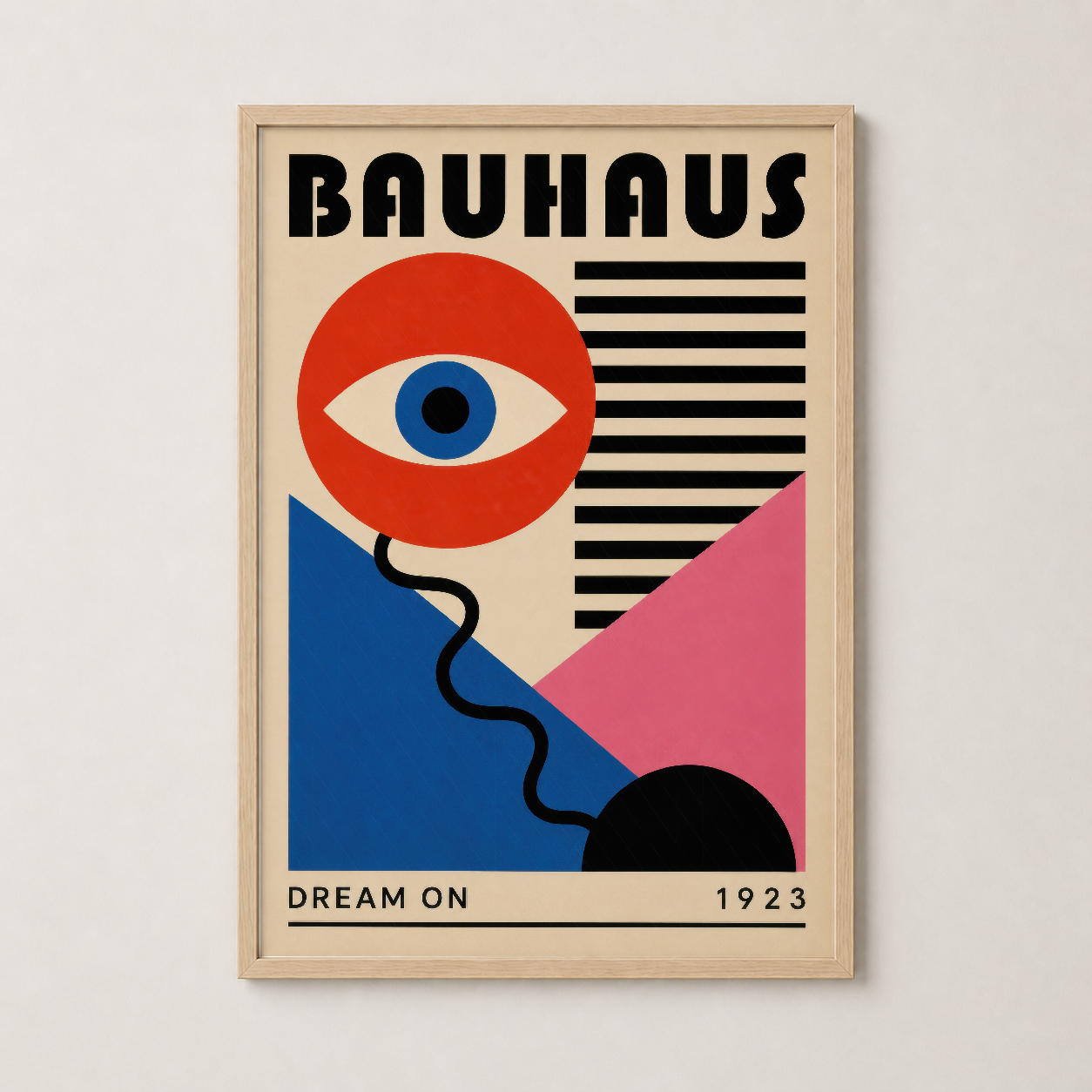 Bauhaus Dream On posteri ahşap çerçevede, mavi ve pembe geometrik kompozisyon, sanatsal tasarım ürünü