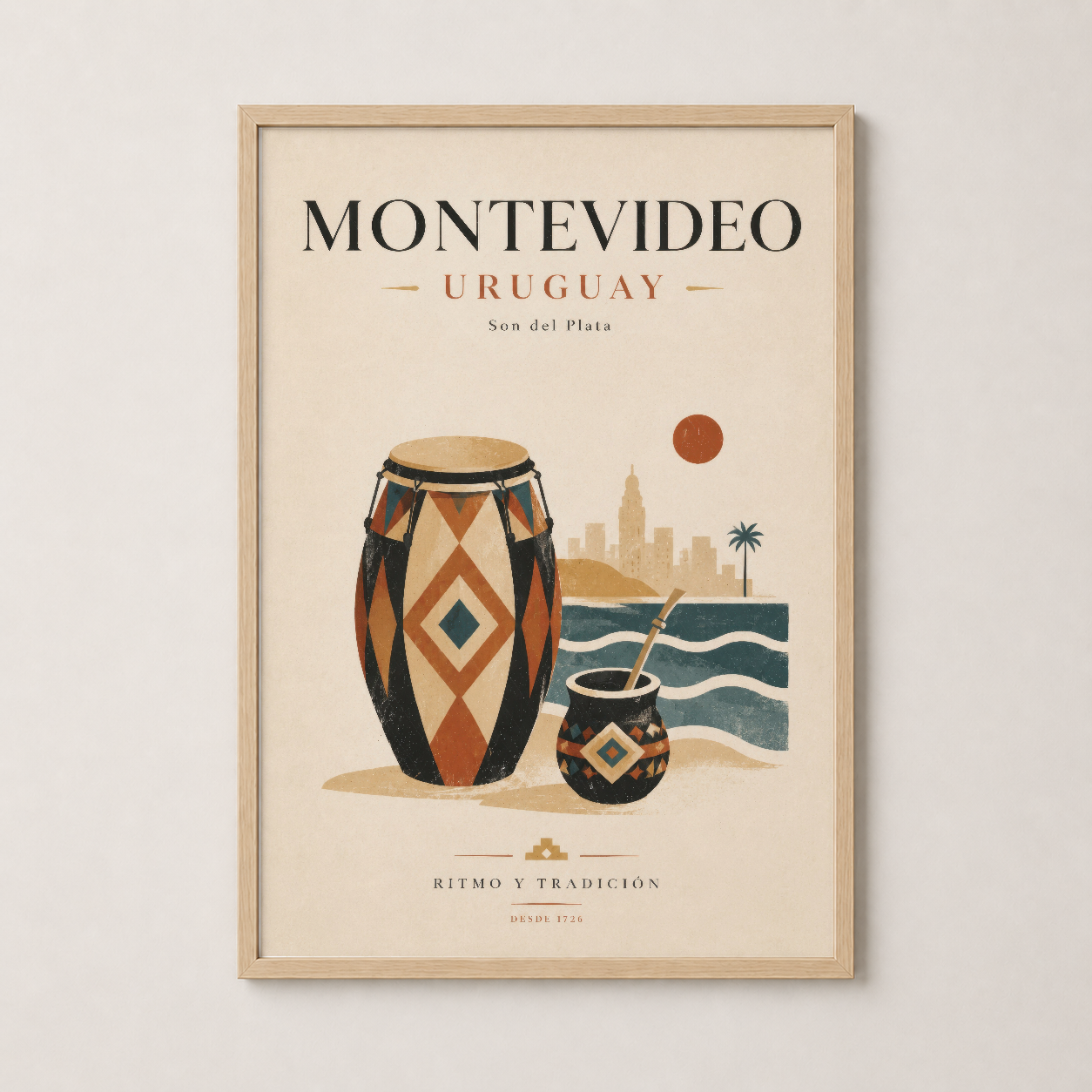 Doğal ahşap çerçeveli Montevideo duvar sanatı, sıcak renkleriyle eve kimlik katan dekoratif parça.