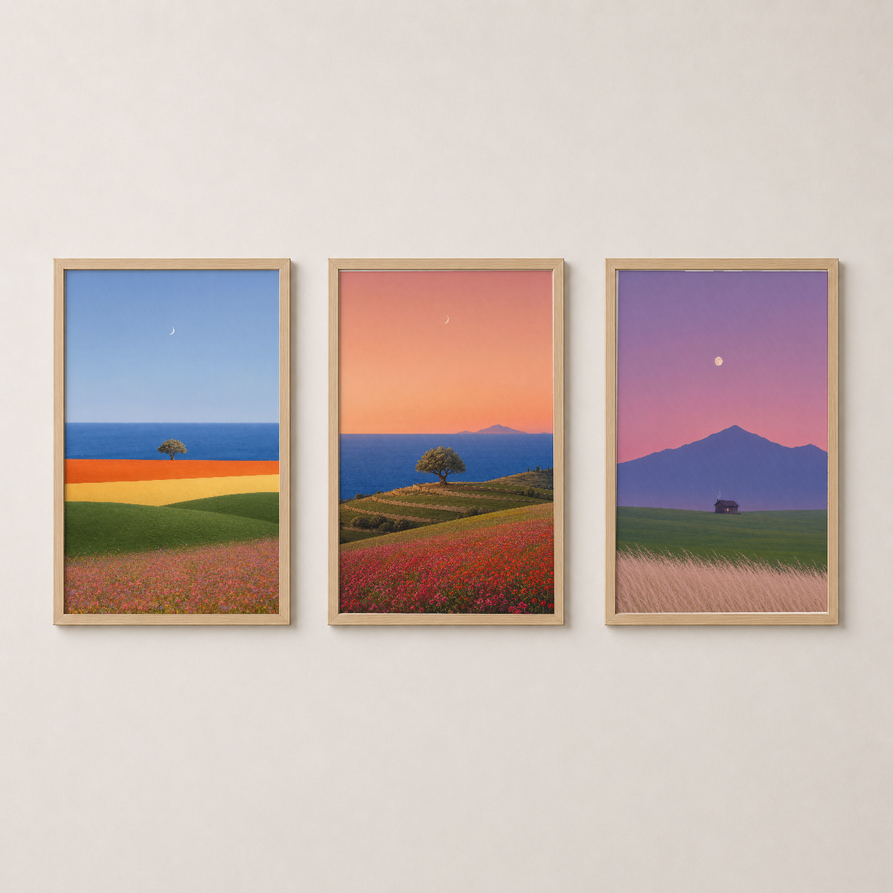 Ahşap çerçeveli üç panel sanat tablosu, renkli gökyüzü ve kır peyzaj sahneleriyle.