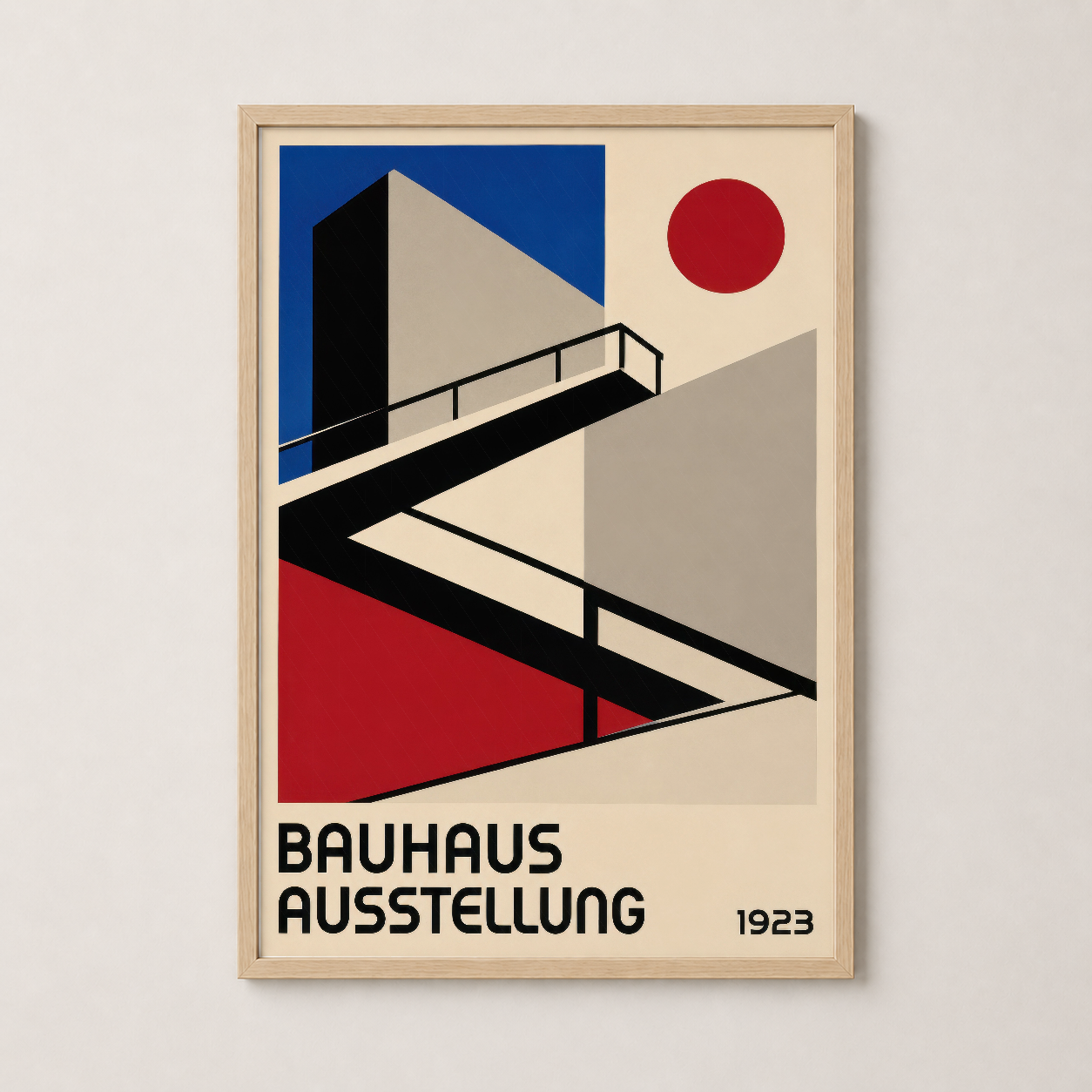 Ahşap çerçeveli Bauhaus sanat posteri, merdiven motifi ve mavi, kırmızı renkli modernist tasarım.