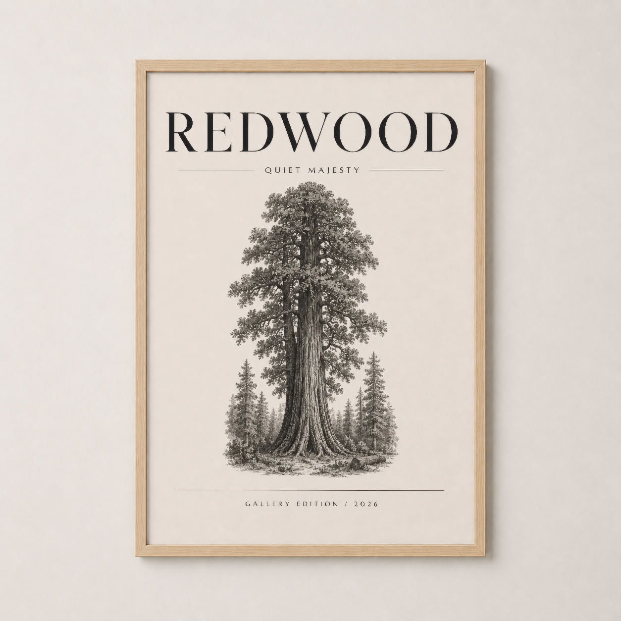 Redwood Quiet Majesty tablosu ahşap çerçevede, oturma odasını tamamlayan organik stil poster.