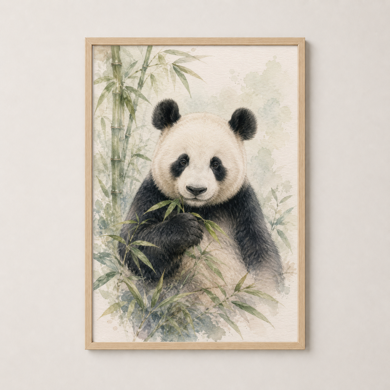 Ahşap çerçevede, vintage watercolor panda portresi doğa konseptli duvar sanatı