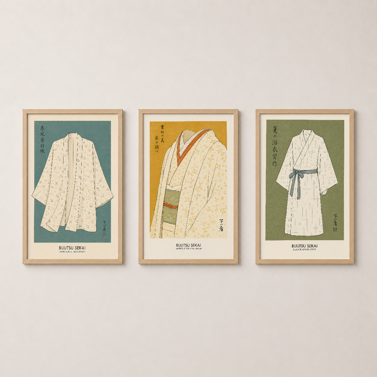 Ahşap çerçeveli üç panel poster, vintage Bijutsu Sekai koleksiyonundan esinlenen zarif kimono portreleri içeriyor.