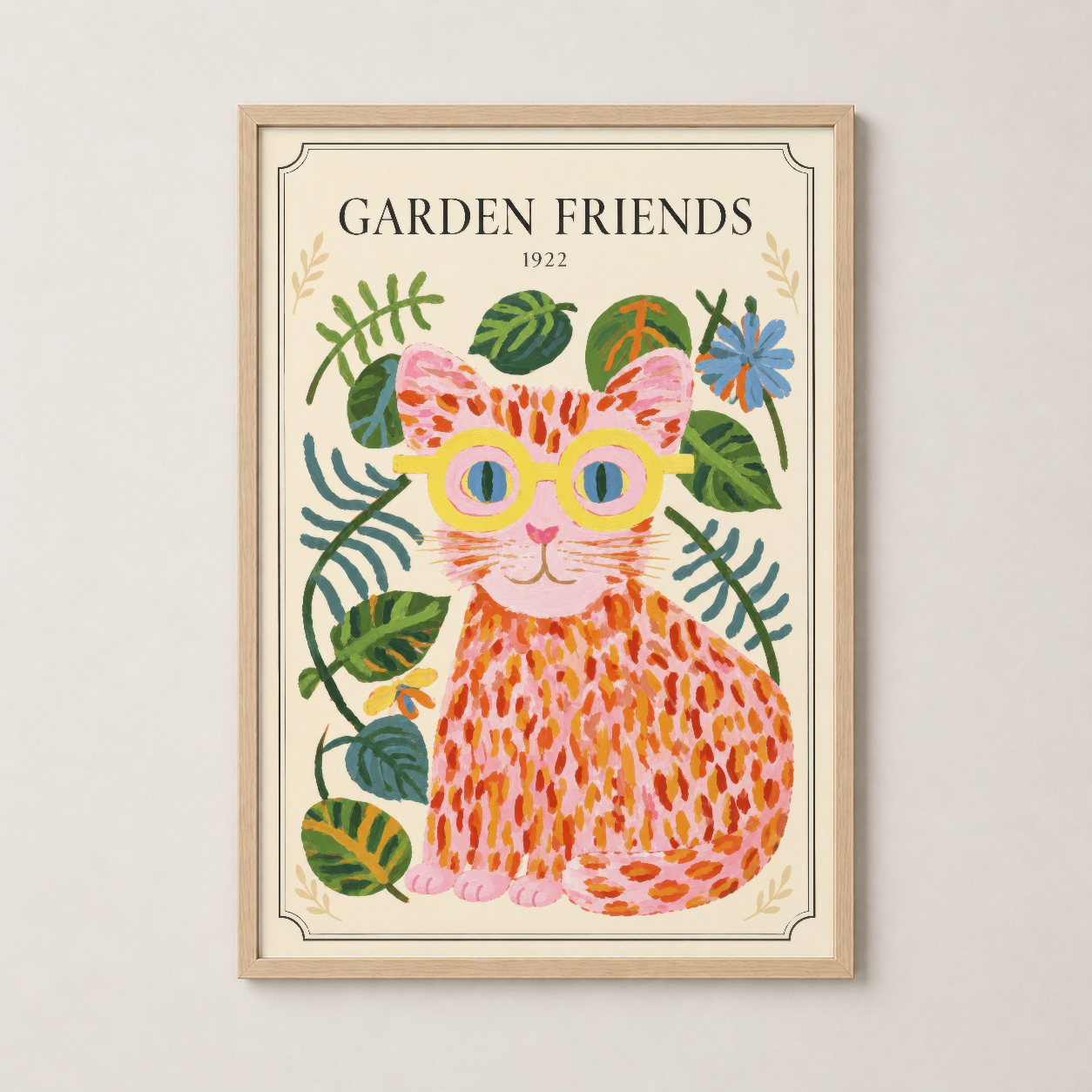 Ahşap çerçeveli Garden Friends tablosu, doğal ve sıcak ev dekorasyonuna mükemmel uyum sağlayan sanat eseri.