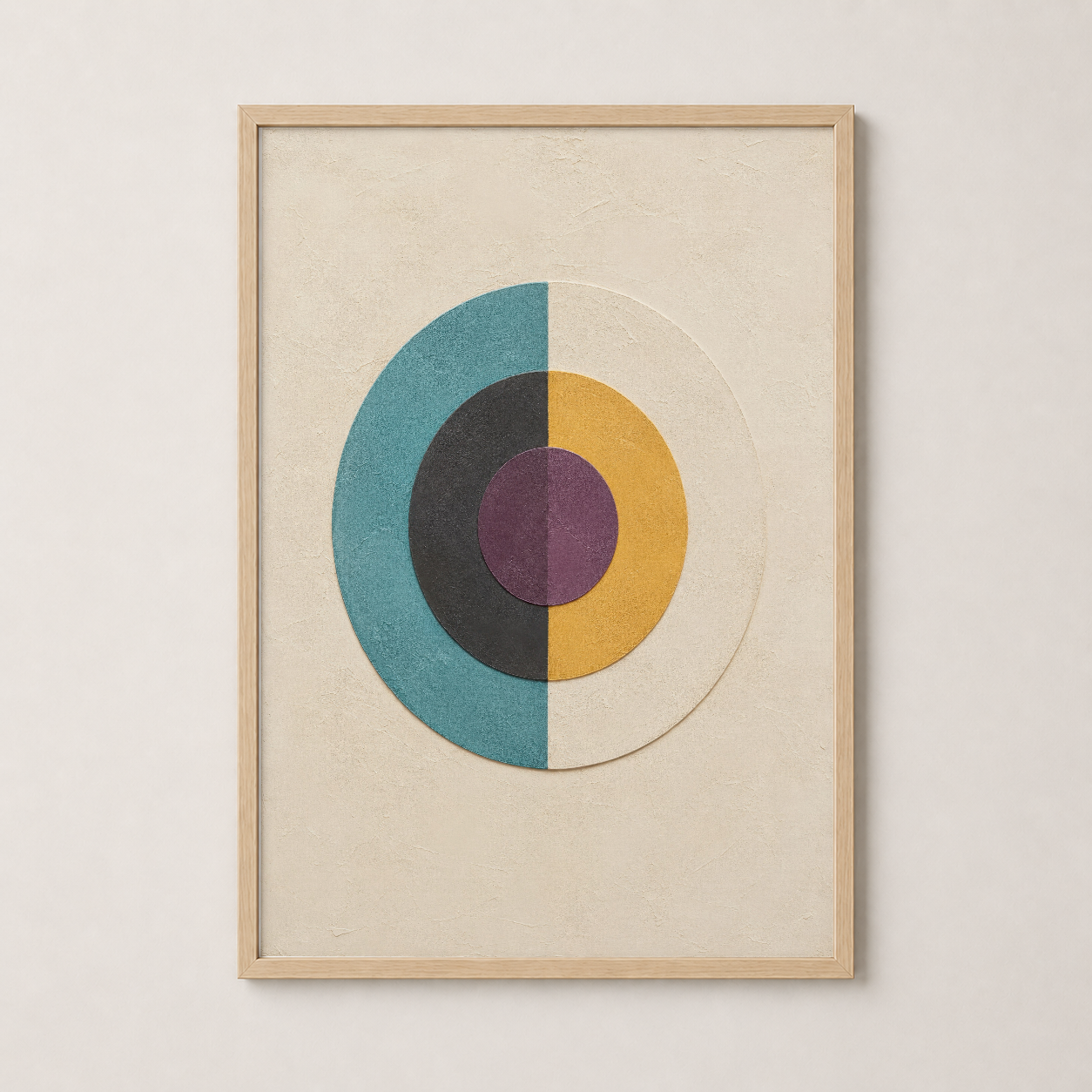 Ahşap çerçeveli tasarım tablosu, geometrik motif ve yer tonları dengan modern minimal tarzı.