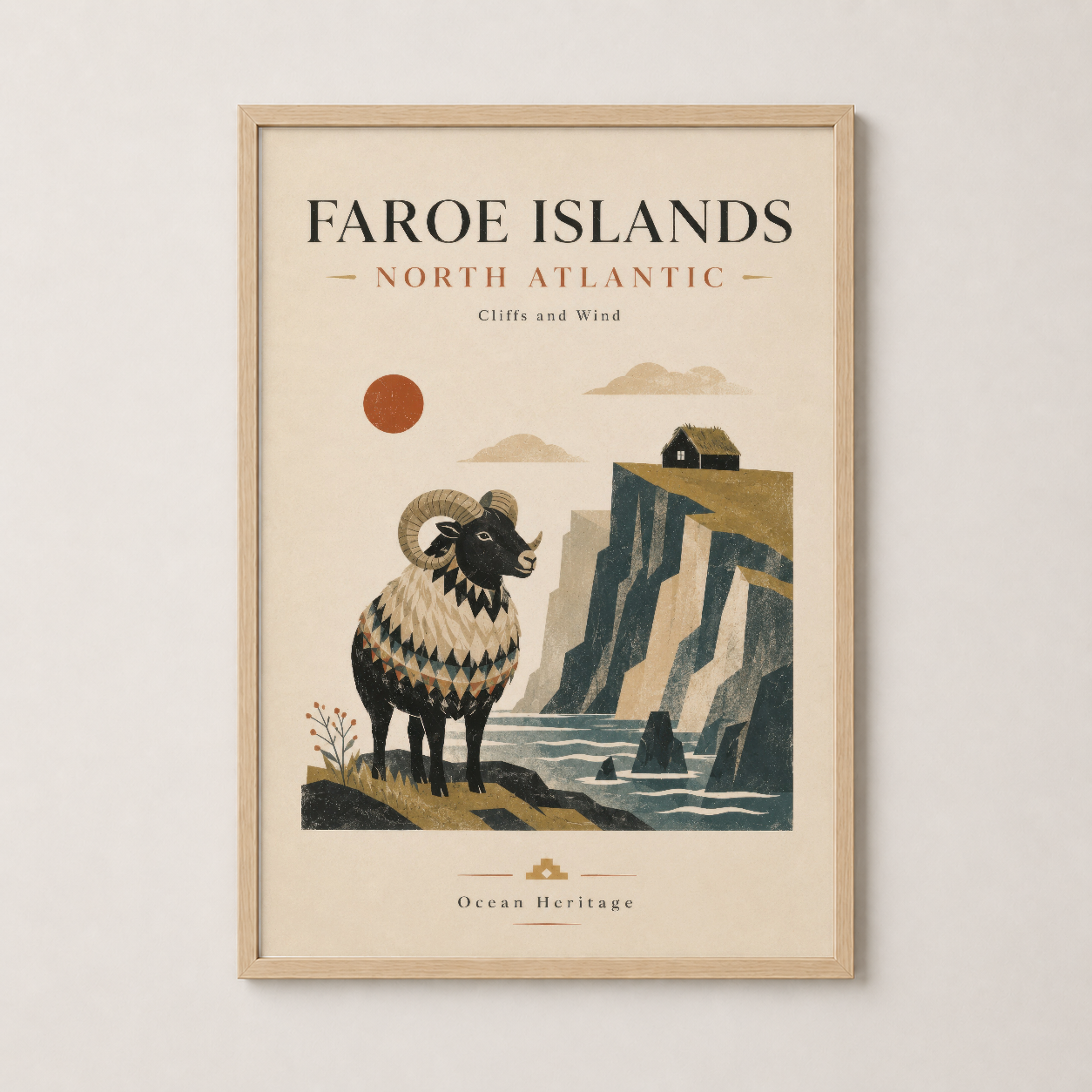 Bej Kahverengi Faroe Adaları Vintage Seyahat Posteri Duvar Tablosu
