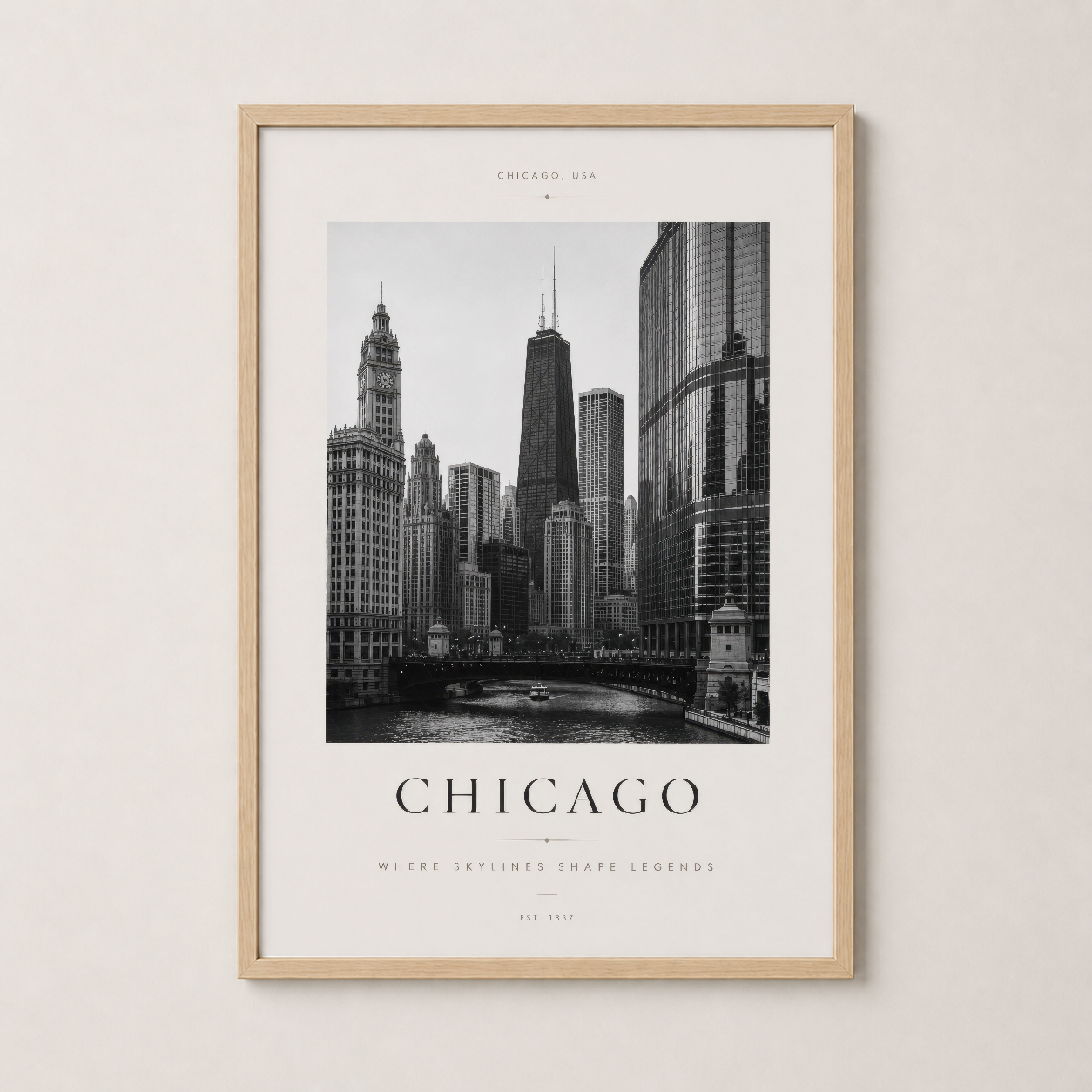 Chicago posteri ahşap çerçevede, sıcak ve doğal dekore baskı sanat eseri.