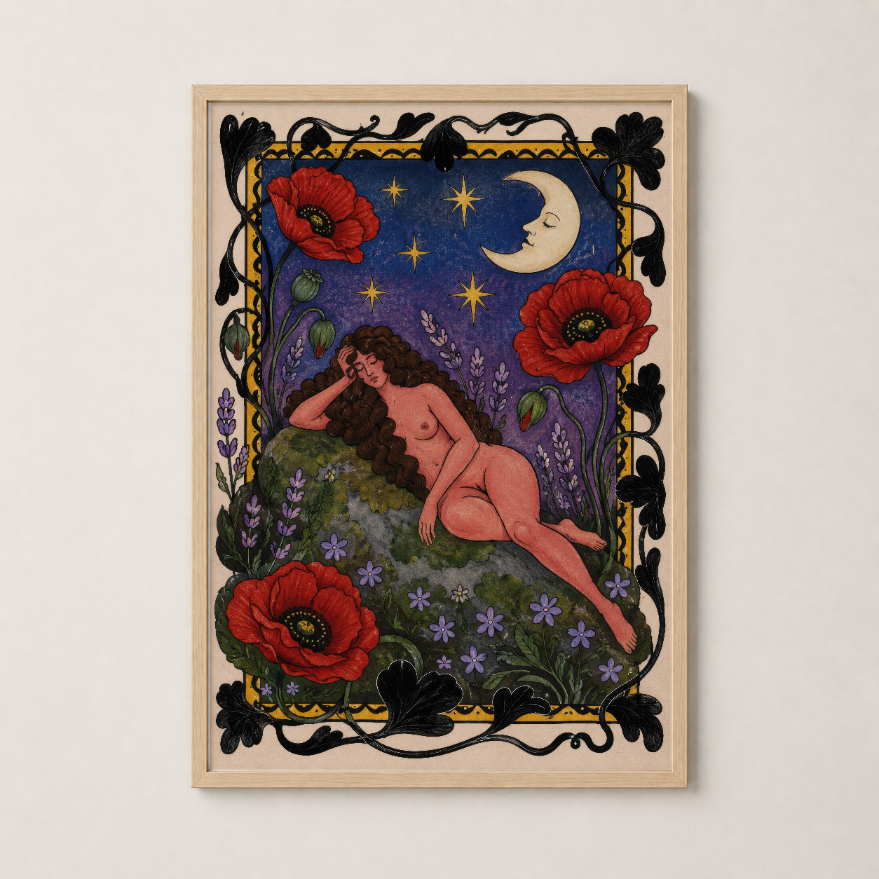 Doğal ahşap çerçevesiyle çerçevelenmiş, ay ve gelincik desenli, vintage sanat baskısı tablosu.