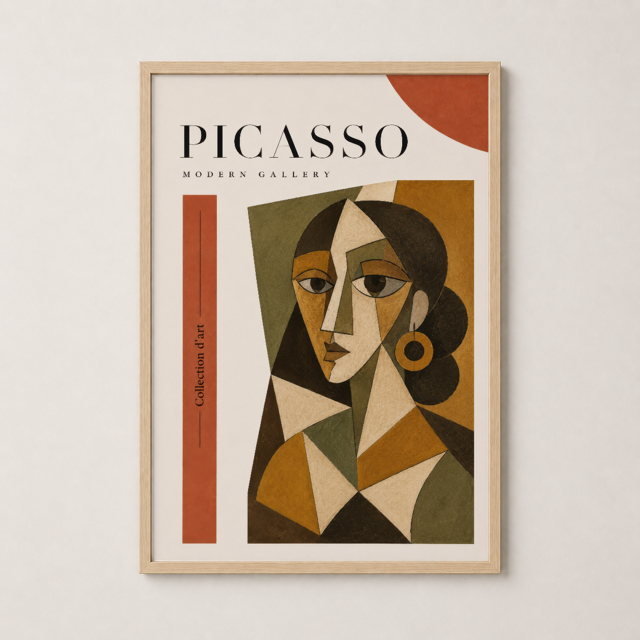 Ahşap çerçeveli Picasso Modern Gallery tablosu, doğal tonlu oturma odasında estetik dekorasyon çözümü.