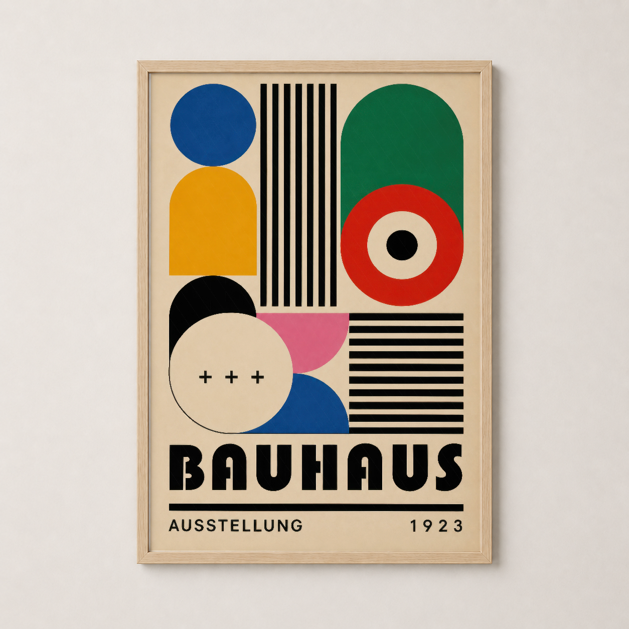 Bauhaus 1923 klasik sanat tablosu, ahşap çerçevede, canlı renklerin geometrik kompoze edilmesi.