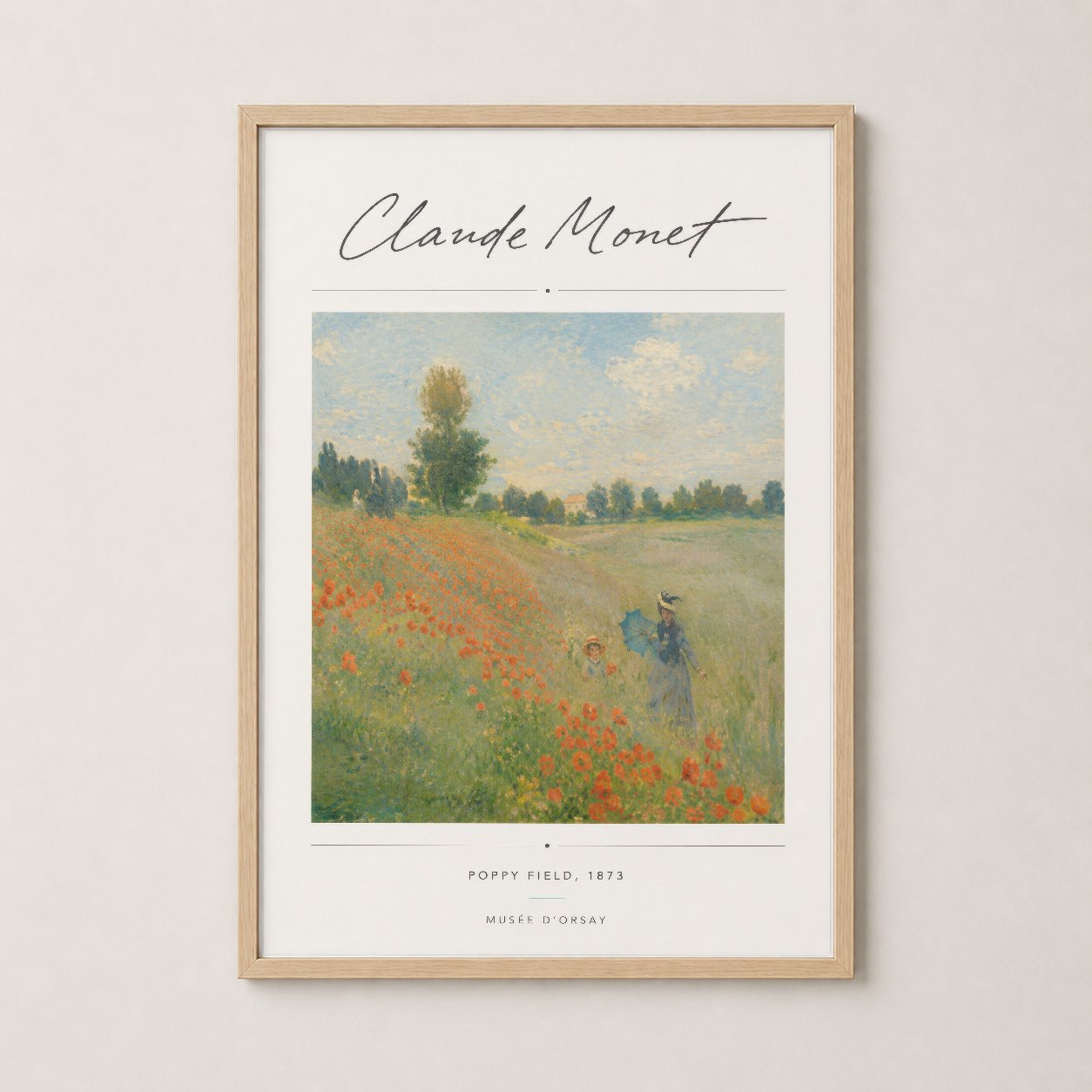 Monet'nin Gelincik Tarlası eseri, açık ahşap çerçeveyle doğal ve sıcak bir ambiyans yaratıyor.
