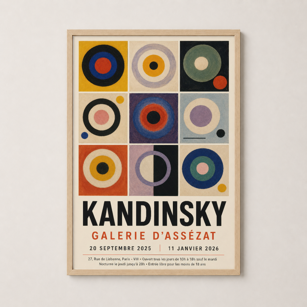 Kandinsky posteri ahşap çerçevede, dokuz bölümlü daire tasarımı ve canlı sanat deco stili.