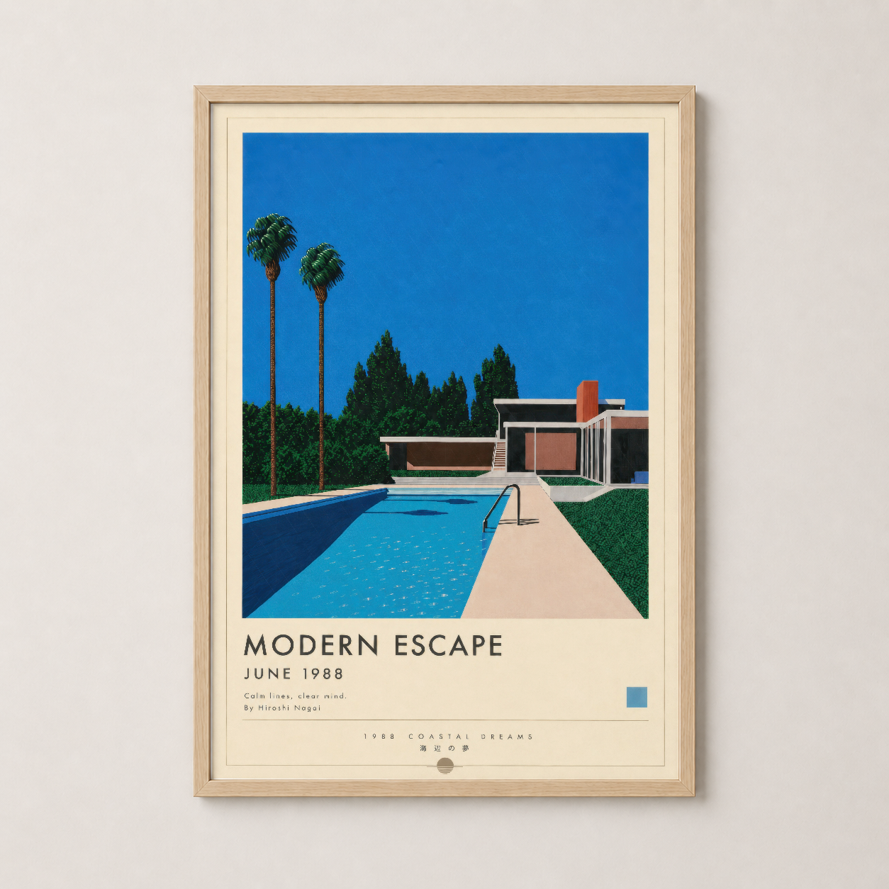 Modern Escape posteri ahşap çerçevede, retro mimarisiz havuzlu villa görseli duvar dekorasyonu.