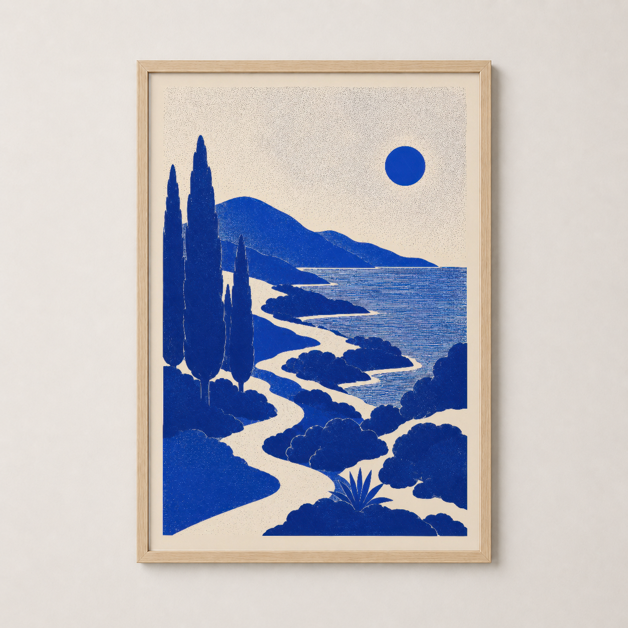 Ahşap çerçeveli sanat baskısı, minimalist desen, oturma alanında asılmış form, krem ve mavi renk kombinasyonu.