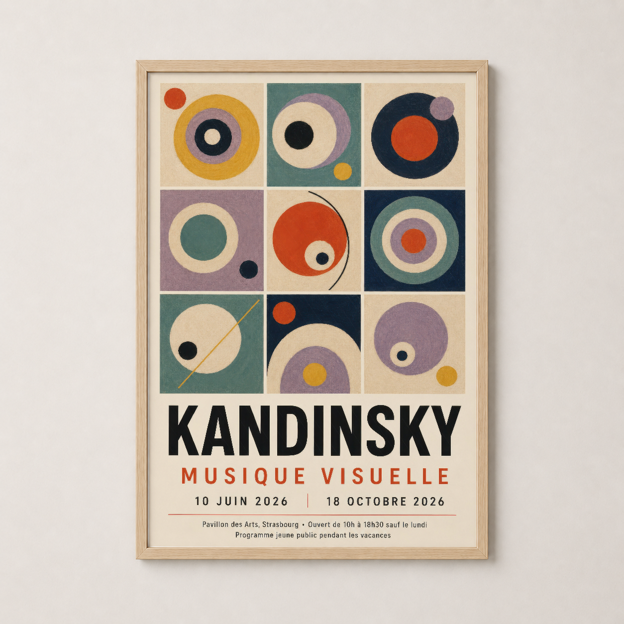 Kandinsky posteri ahşap çerçevede, vintage stil Musique Visuelle sergisi afişi, sanat koleksiyonlarına ideal.