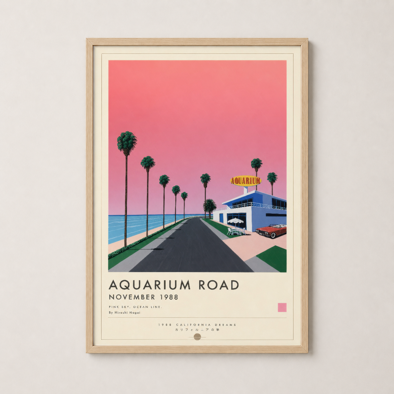 Ahşap çerçeveli Aquarium Road tablosu, sıcak estetik ile oturma alanlarına nostaljik bir dokunuş katan poster.