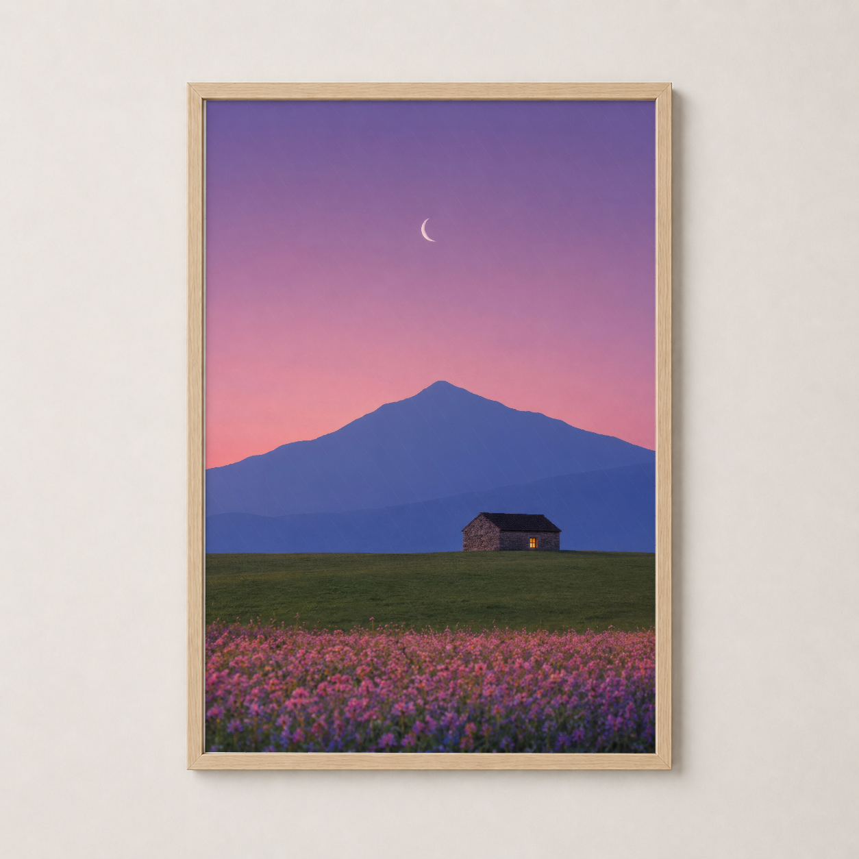 Mor Pembe Dağ Manzarası Lavanta Tarlası Minimalist Duvar Tablosu