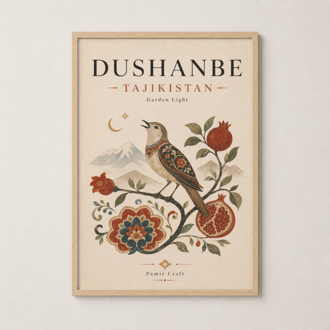 Ahşap çerçeveli Dushanbe Tacikistan posteri, kültürel motifleriyle warm ve sofistike dekorasyon.