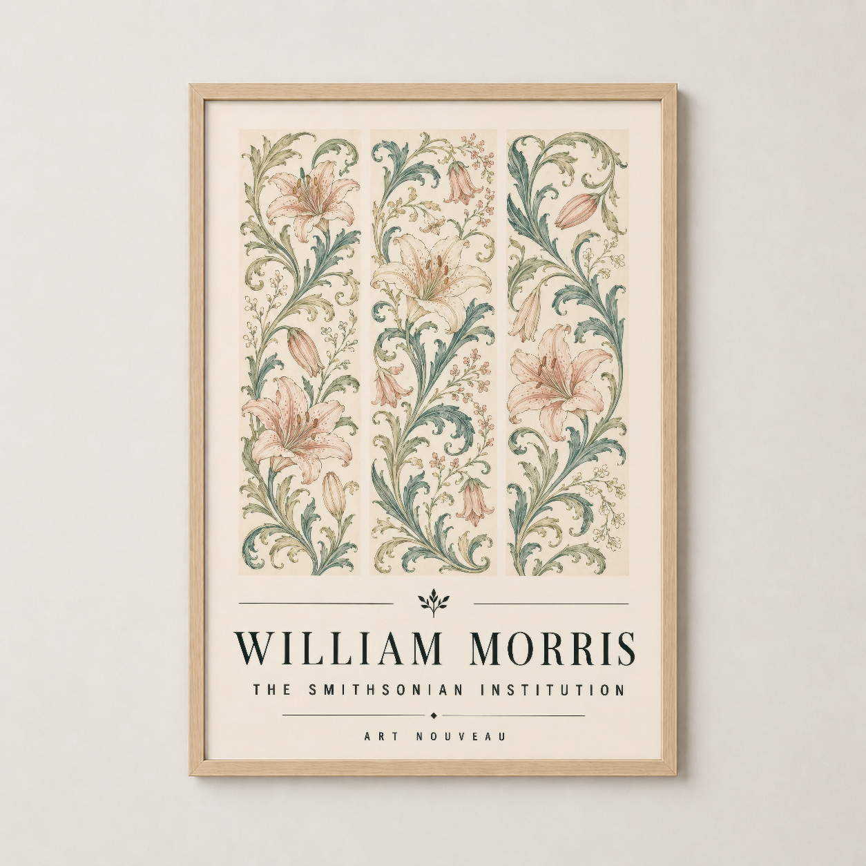 William Morris dekoratif tablosu doğal ahşap çerçevede, Art Nouveau çiçek desenli duvar sanatı.