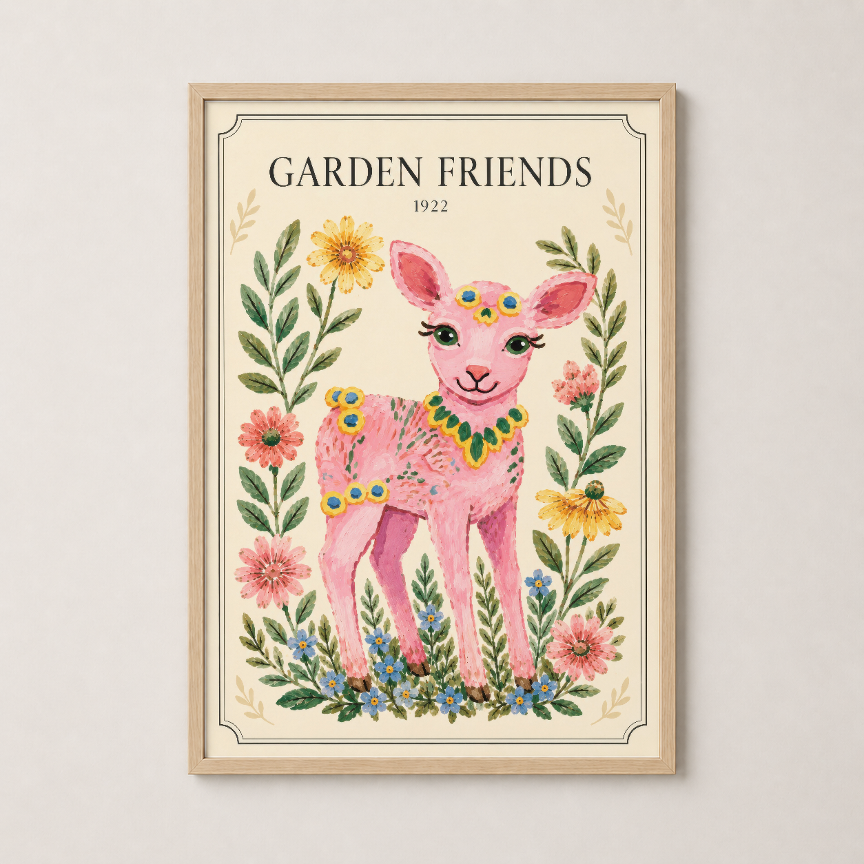 Garden Friends posteri ahşap çerçevede, canlı pembe geyik illüstrasyonu