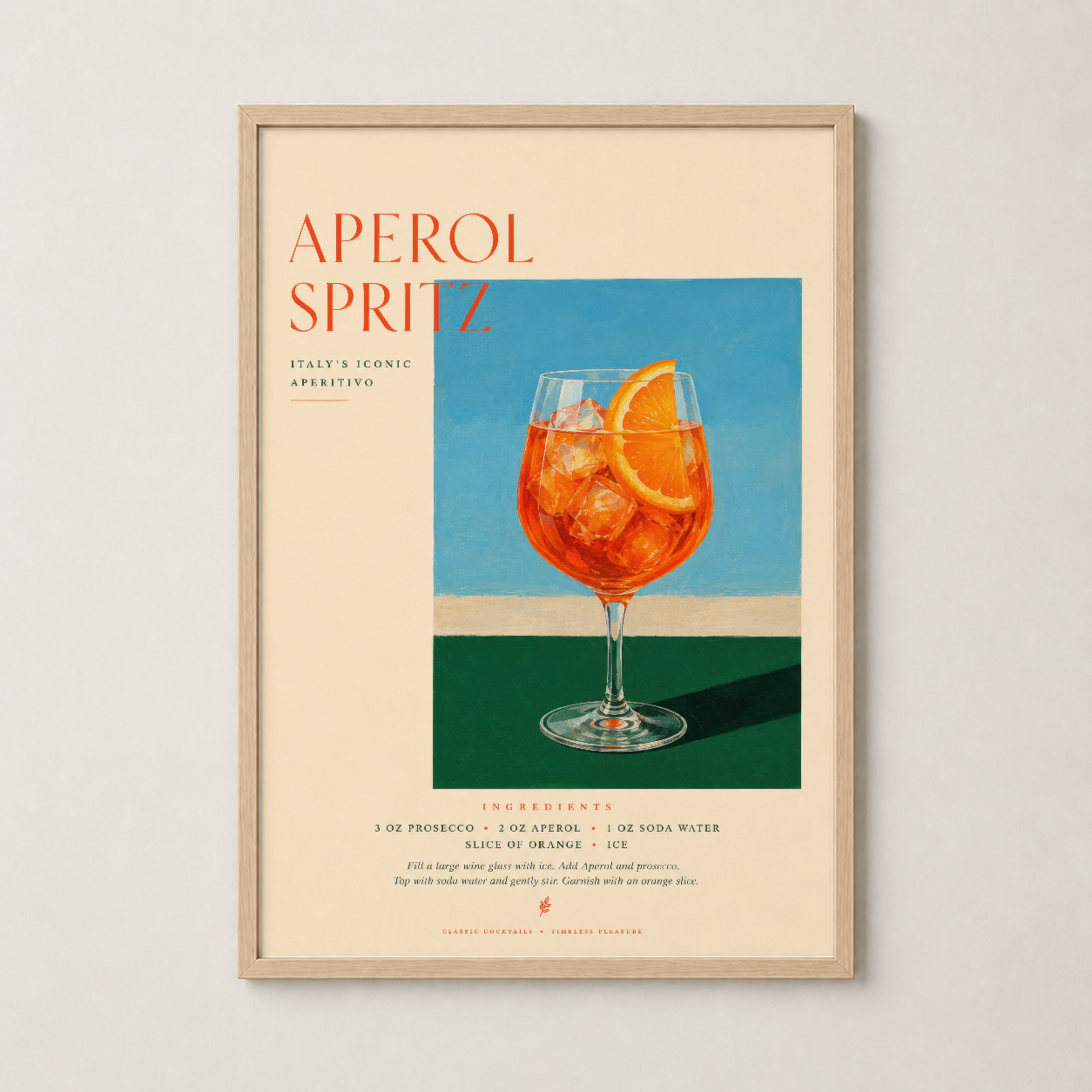 Aperol Spritz posteri ahşap çerçevede, sıcak ve doğal görünümü vurguluyan dekoratif tablo.