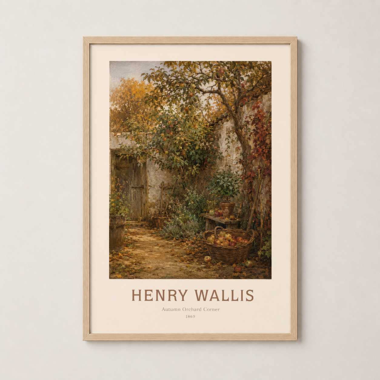 Henry Wallis Sonbahar Bahçesi Köşesi tablosu, doğal ahşap çerçevede, klasik sanat baskısı ve beyaz mat detay