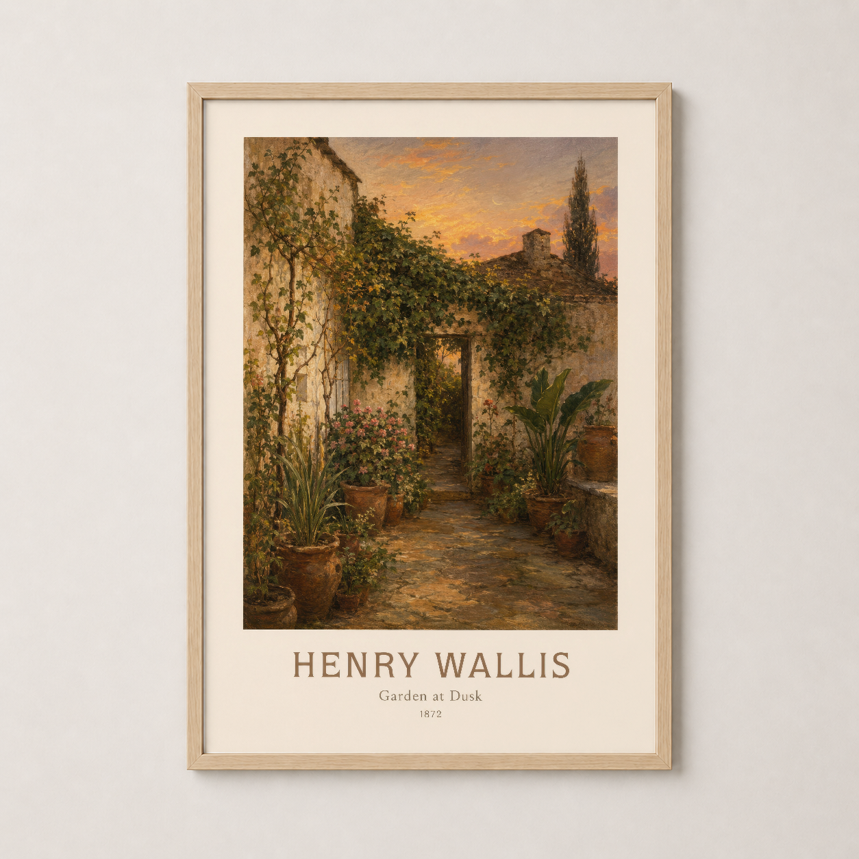 Doğal ahşap çerçeveli Henry Wallis sanat baskısı, gün batımı ışığında İtalyan köy bahçesinin büyüsünü yansıtan.