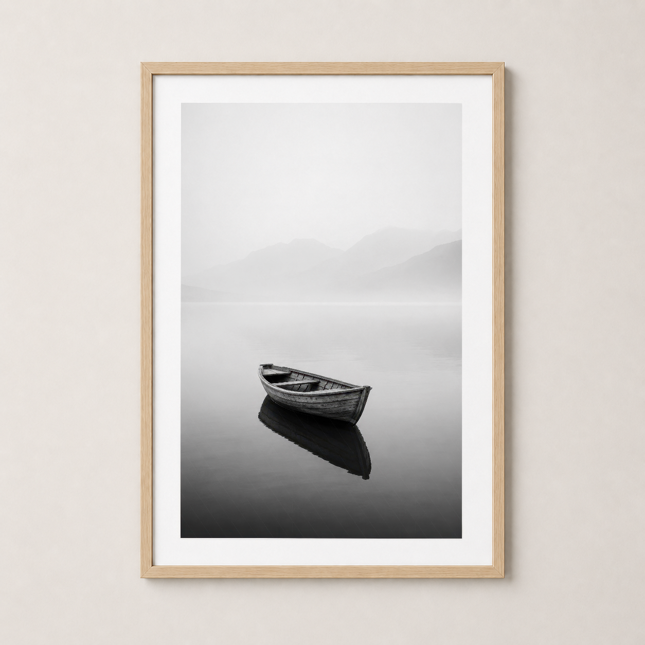 Gri Beyaz Kayık Göl Manzarası Minimalist Duvar Tablosu