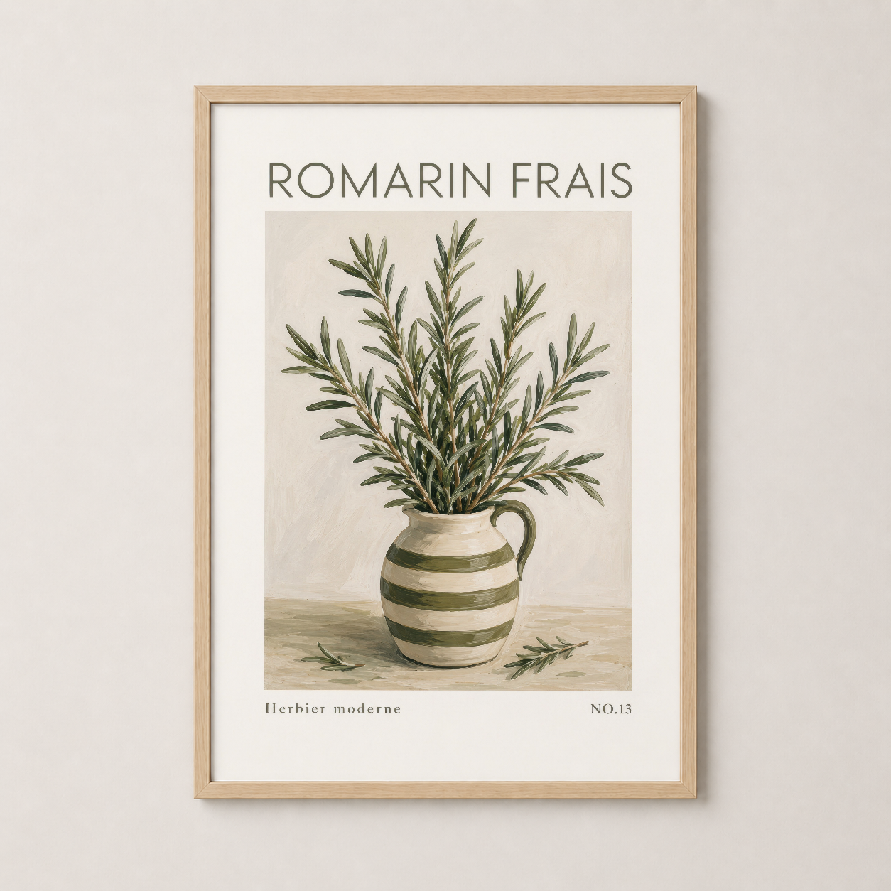 Romarin Frais canvas tablo doğal ahşap çerçevede, botanik sanat baskı ve ev dekoru