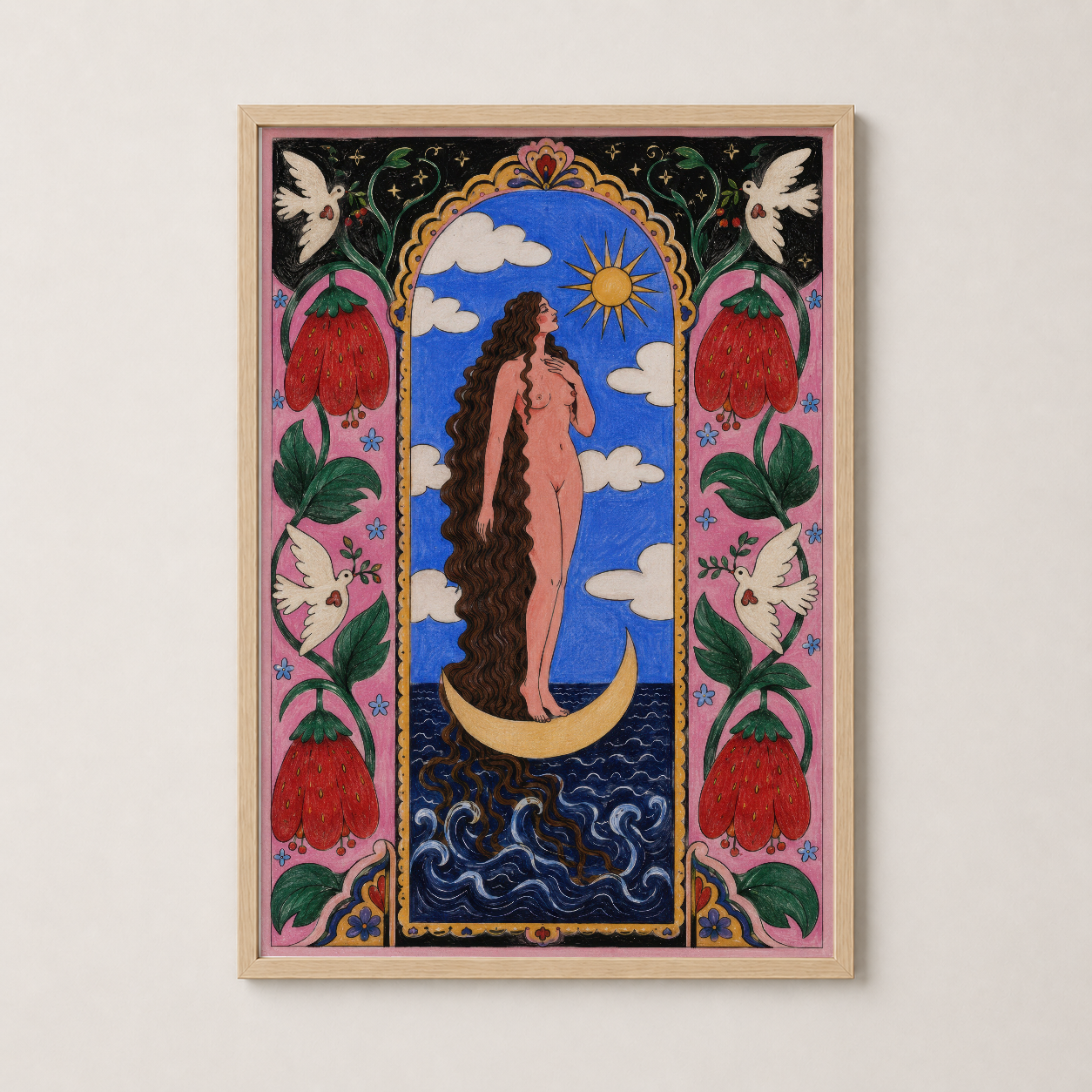 Doğal ahşap çerçevelenmiş, ay mitolojisi ilhamı taşıyan renkli tarot sanat baskısı.