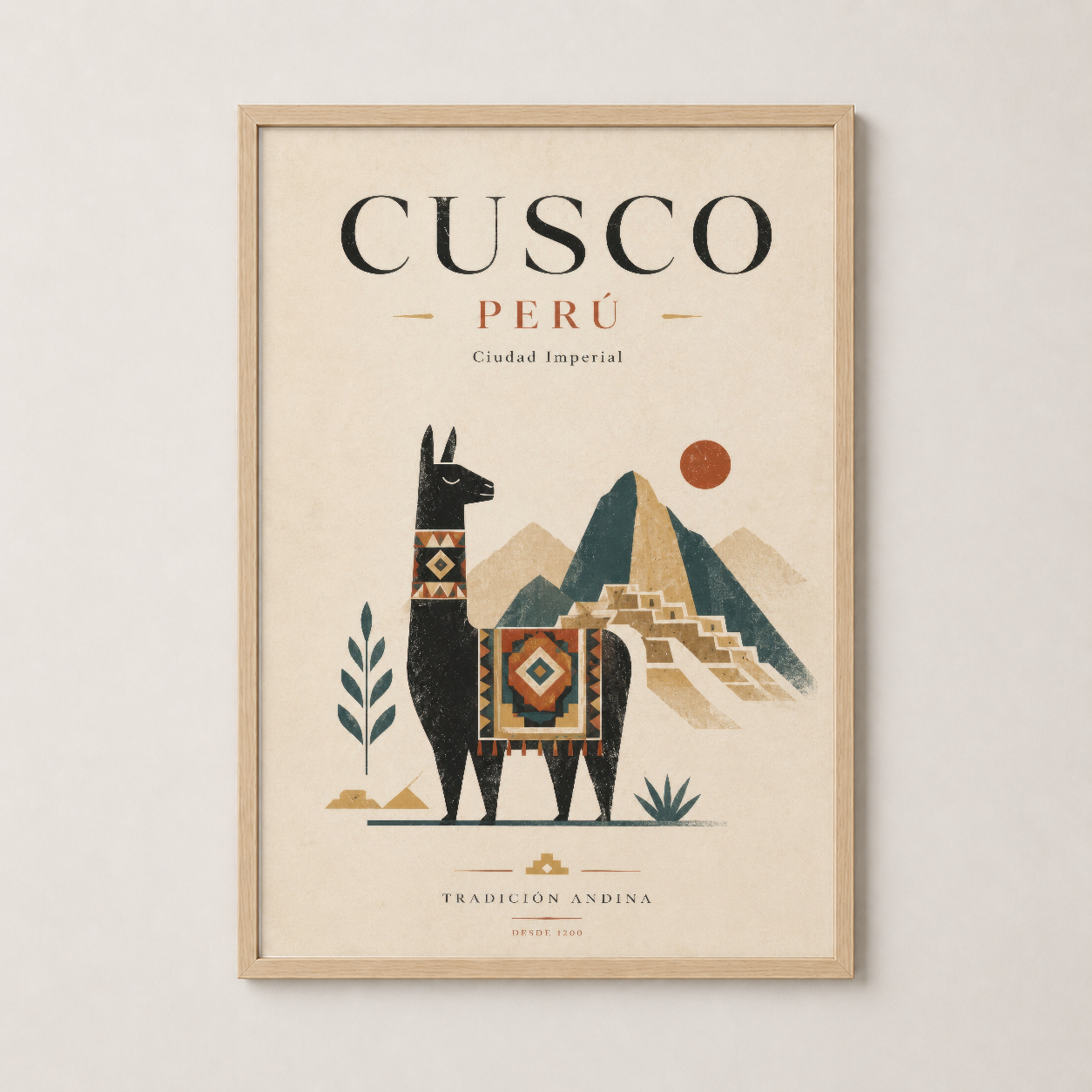 Cusco Perú duvar sanatı ahşap çerçevede, andean kültürünü yansıtan retro seyahat posteri.
