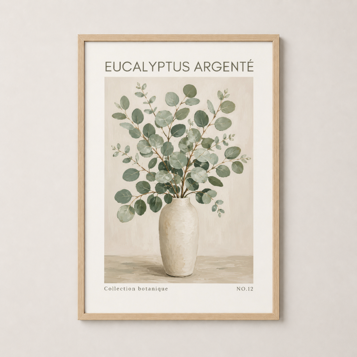 Ahşap çerçeveli Eucalyptus Argenté tablosu, doğal tarzda yumuşak yeşil yapraklar ve vazo tasarımı
