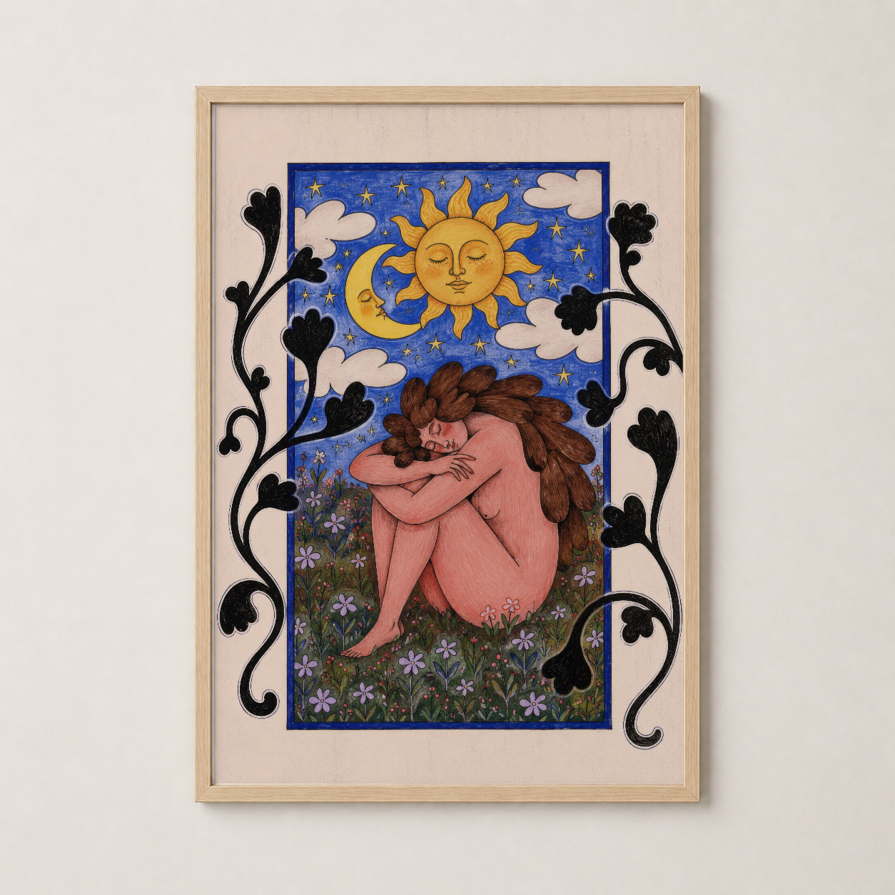 Doğal ahşap çerçeveli bohem sanat baskısı, mitolojik konulu uyuyan kadın ve yıldızlı gece teması.