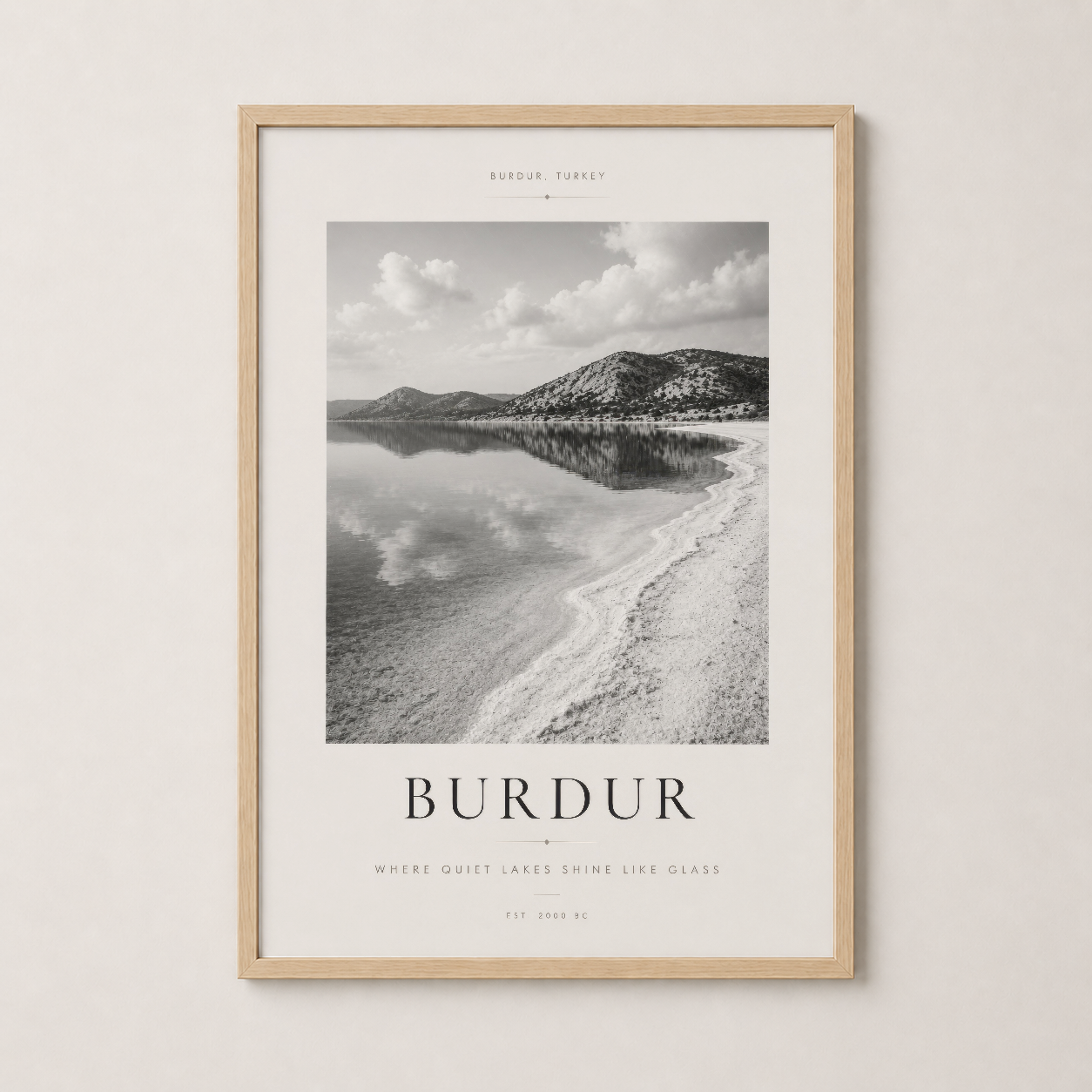 Burdur poster ahşap çerçeveli, göl manzarası ve dağ peyzajı modern minimalist iç dekorasyon