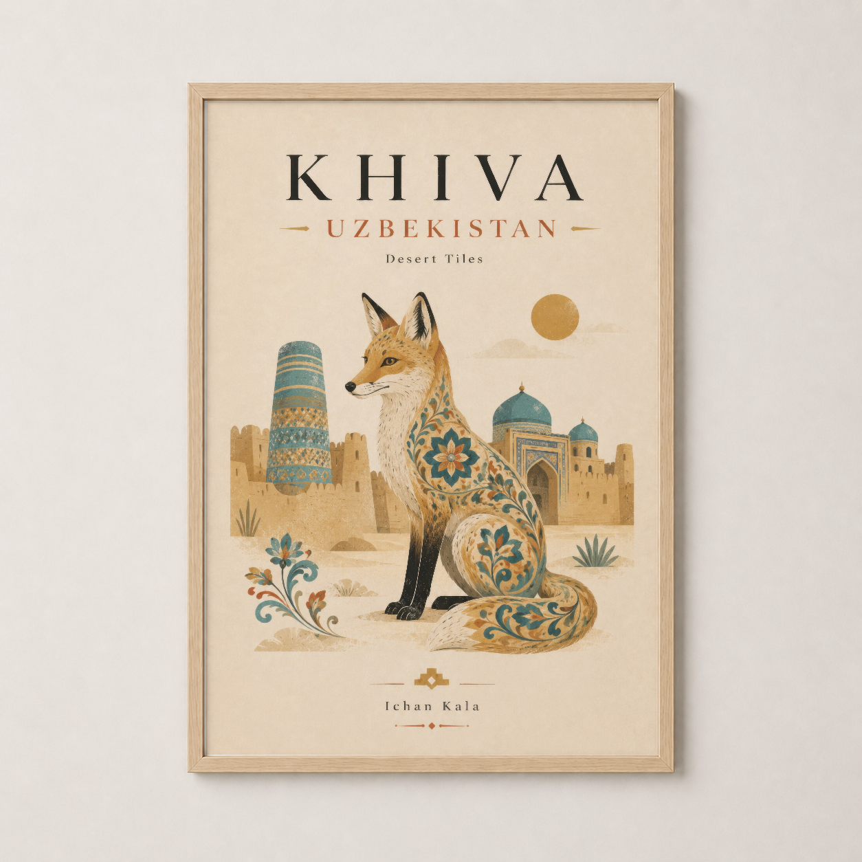 Khiva Özbekistan tablosu ahşap çerçevede: Tilki figürü, minare ve cami kubbesiyle Orta Asya estetiği.