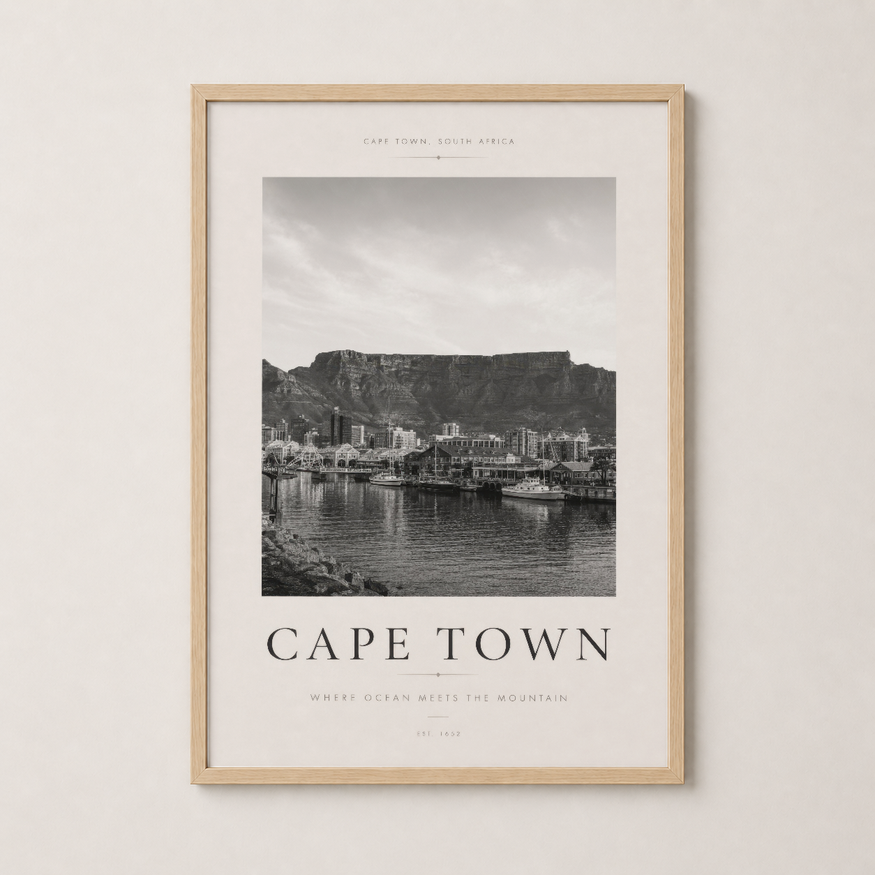Doğal ahşap çerçeveli Cape Town tablosu, vintage fotoğrafik stilinde duvar dekorasyonu.