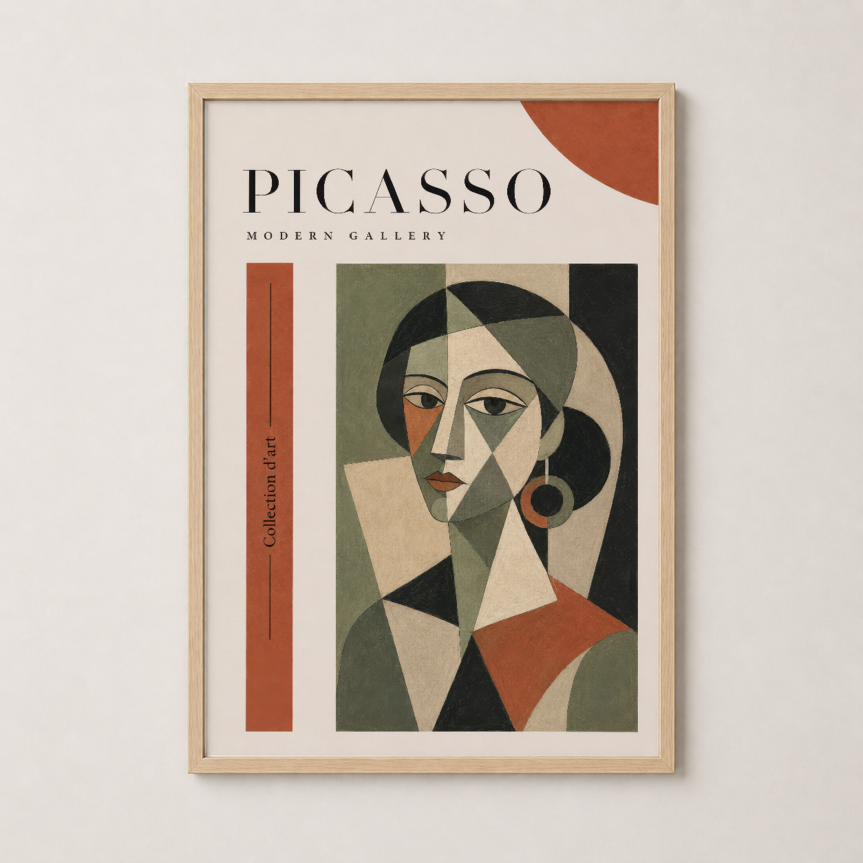 Doğal ahşap çerçeveli Picasso tablosu, geometrik soyut yüz, modern galeri stili dekorasyon.