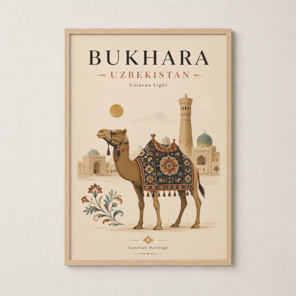 Bukhara Özbekistan duvar sanatı, doğal ahşap çerçeve içinde sıcak ve rustik atmosfer yaratır.