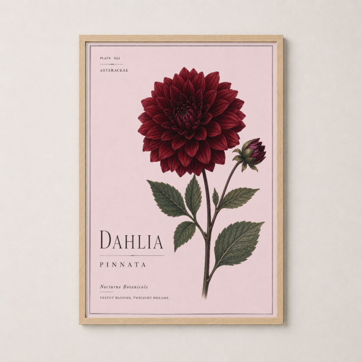 Ahşap çerçeveli Dahlia Pinnata tablosu, sıcak tonlarıyla ev dekorasyonuna doğal stil katan.