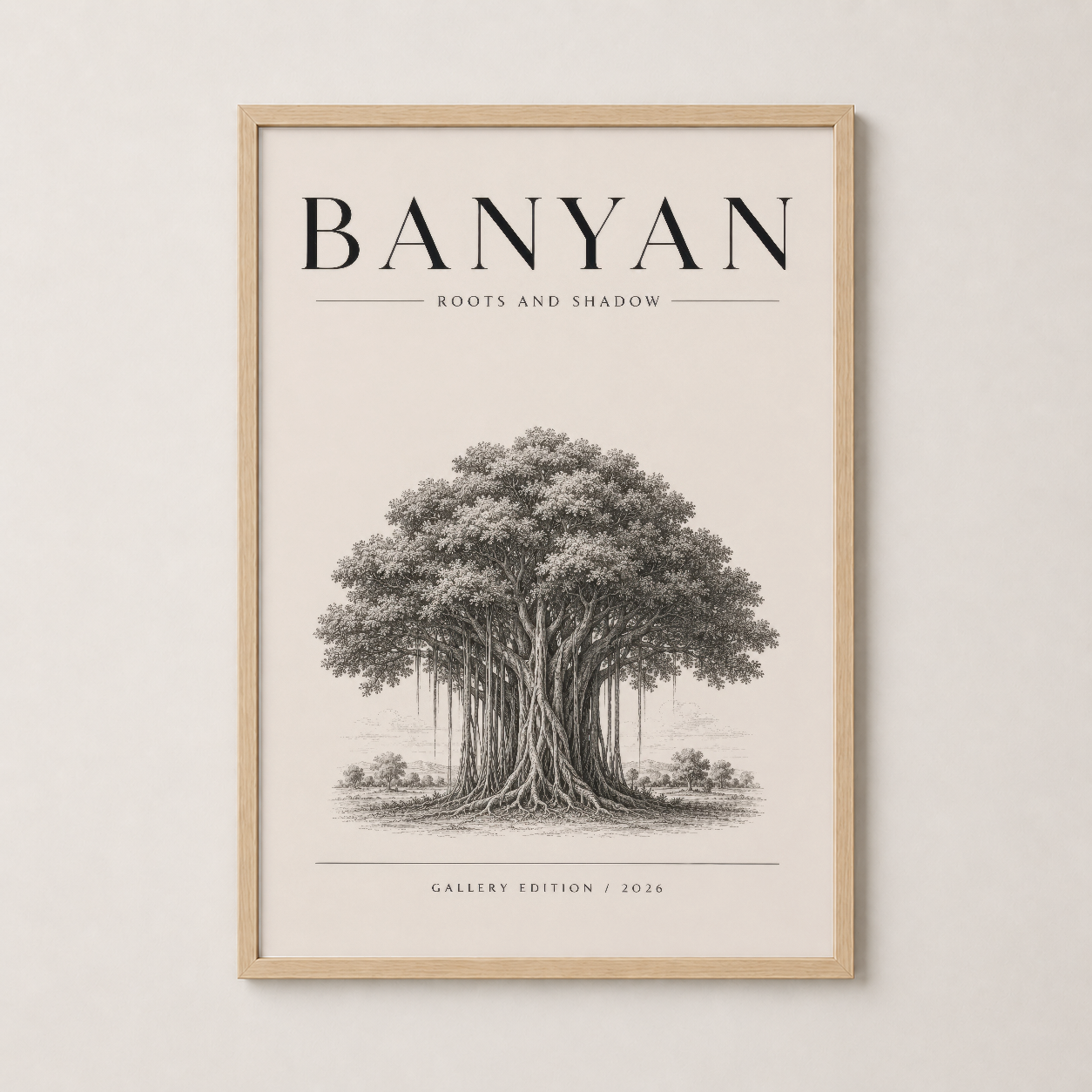 Banyan ağacı tablosu ahşap çerçevede, sıcak ve doğal bir estetik ile ev dekorasyonuna armoni katan baskı