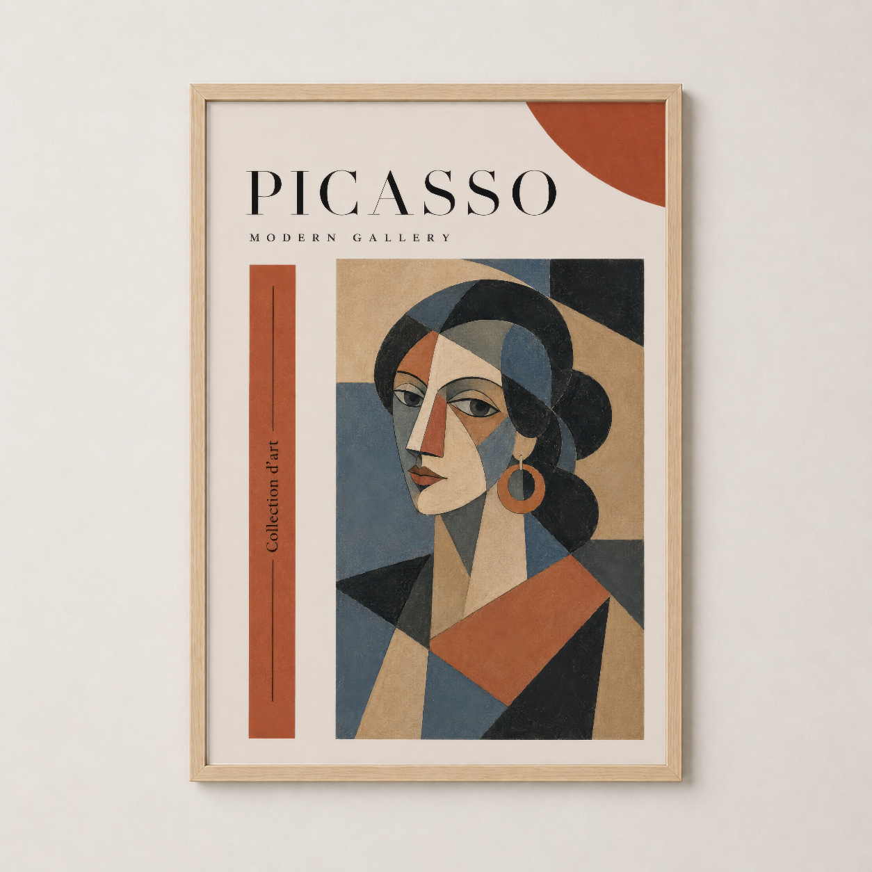 Ahşap çerçeveli Picasso Modern Gallery poster, sıcak ve doğal iç mekan stili