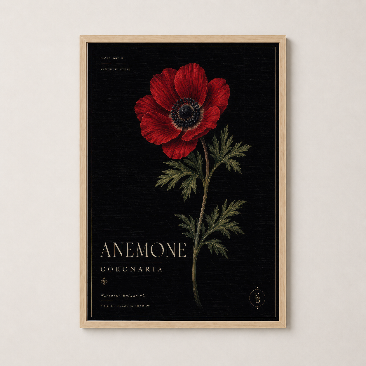 Doğal ahşap çerçeveli anemon tablosu, endüstriyel mekanlarda duvar dekorasyon elemanı olarak kullanılan artistik poster.