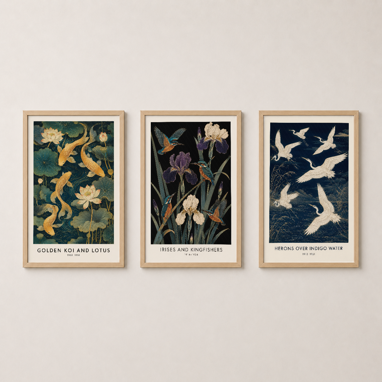 Ahşap çerçeveli üç sanat tablosu seti, botanik ve fauna desenli vintage stil dekorasyon.