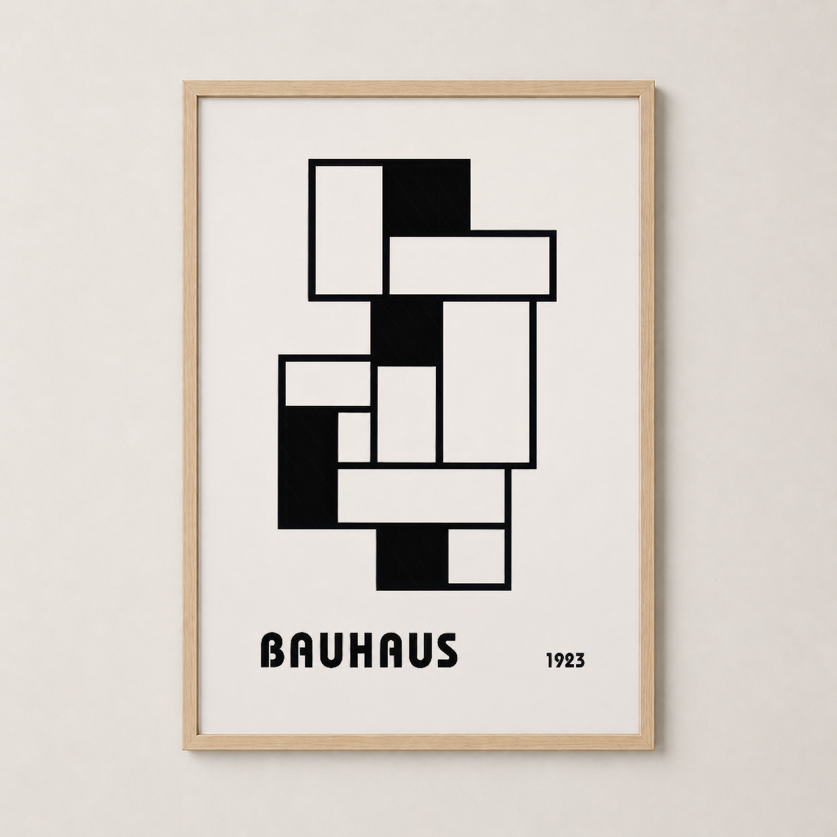 Bauhaus 1923 poster, doğal ahşap çerçevede, sıcak ve şık iç dekorasyon için ideal.
