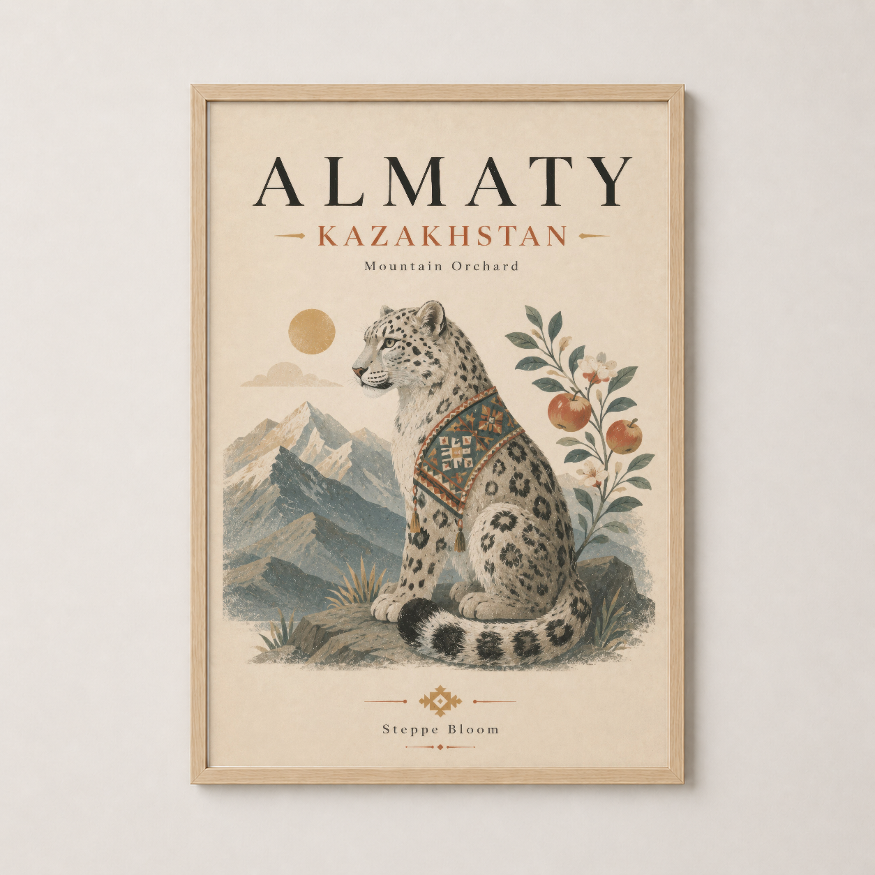 Ahşap çerçevede Almaty posteri, dağ peyzajı ve dekoratif hayvan tasarımı ile sıcak atmosfer yayan duvar sanatı.