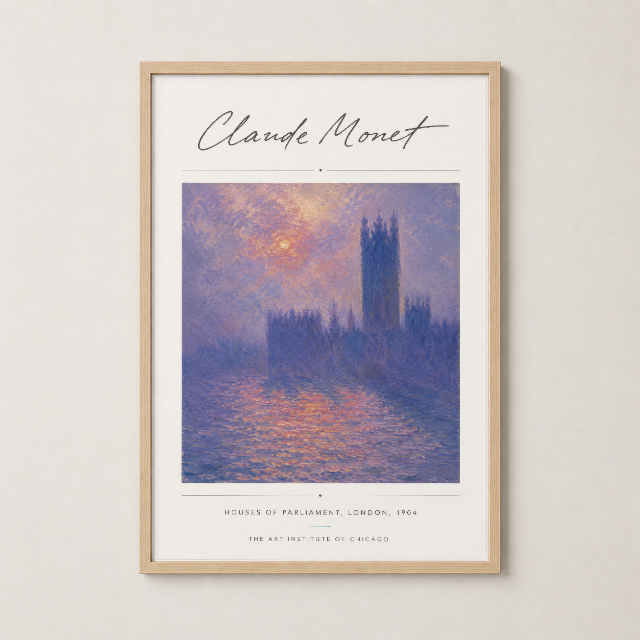 Monet Houses of Parliament 1904, doğal ahşap çerçeveli duvar tablosu, rustik dekorasyon.