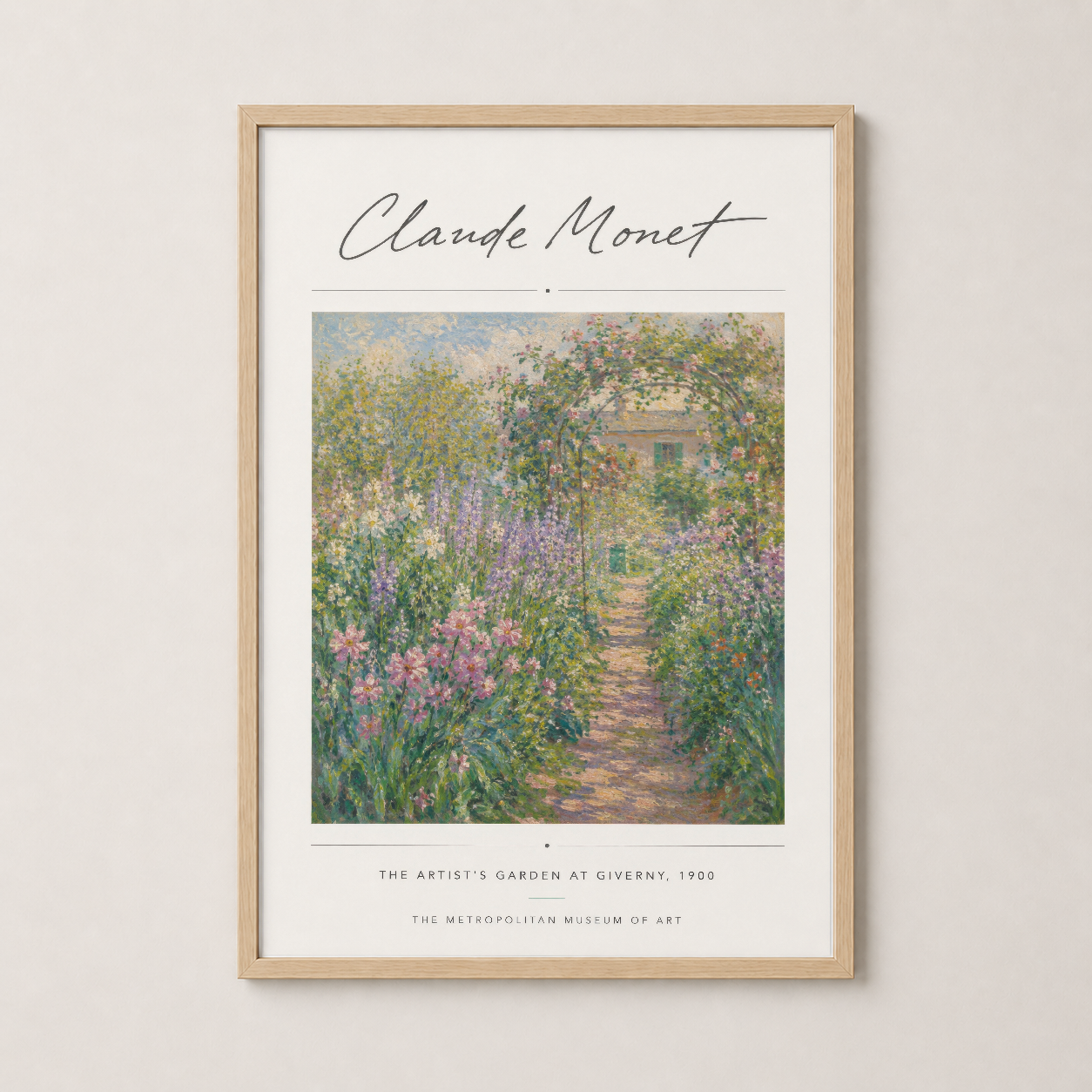 Ahşap çerçeveli Monet bahçesi sanat tablosu, klasik impressionist stilinde çiçek tüneli posteri.