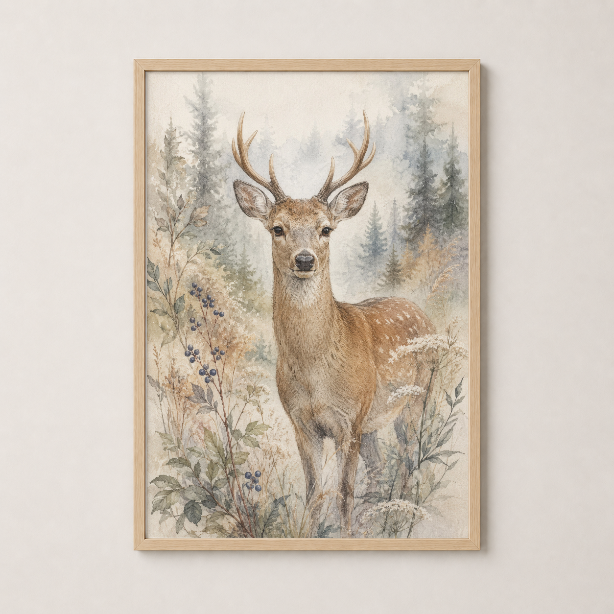 Ahşap çerçeveli geyik sanat baskısı, doğal görünüm ve rustic stiliyle yaşam alanlarını süsleyen wall art.