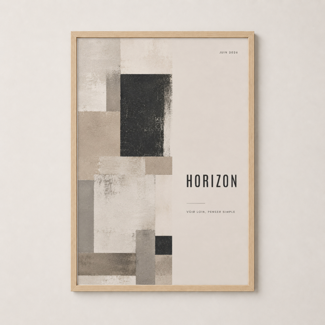 Horizon tablosu, doğal ahşap çerçevede, ısıl atmosfer ve modern sanat tarzında.