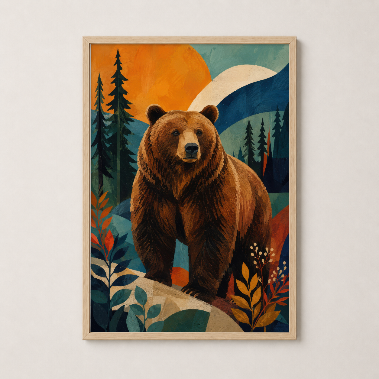 Doğal ahşap çerçeveli orman ayısı sanat baskısı, retro modern dekor stiline uygun.